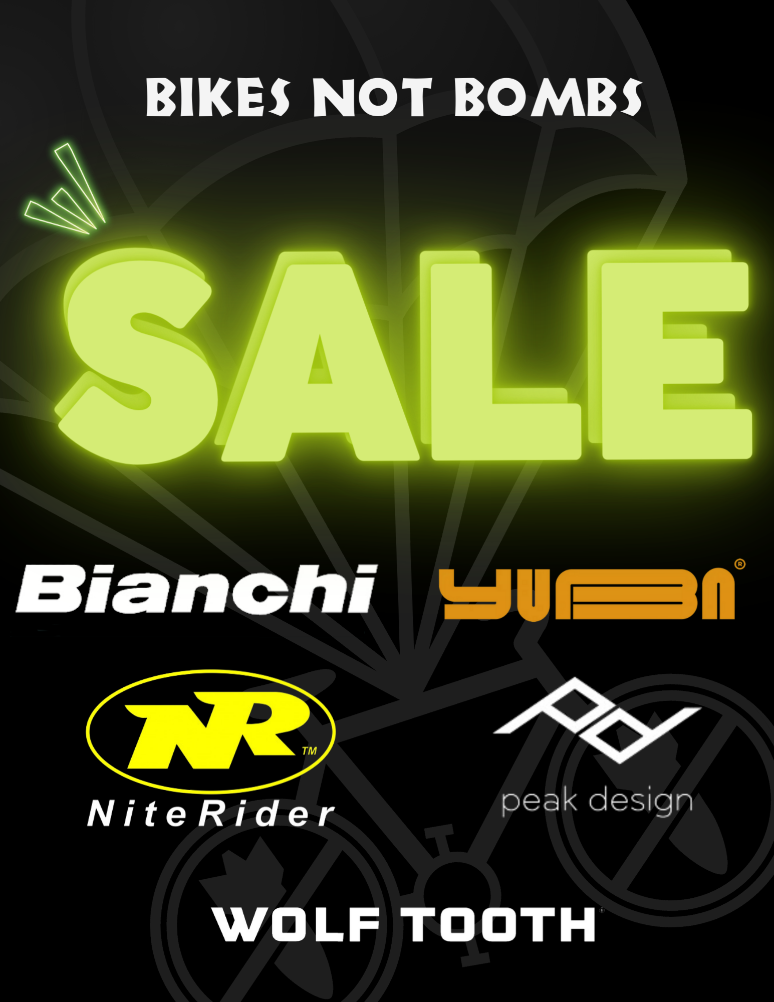 SALE at Bikes Not Bombs on the following brands: Yuba, Bianchi, NiteRider, Wolf Tooth, and Peak Design.