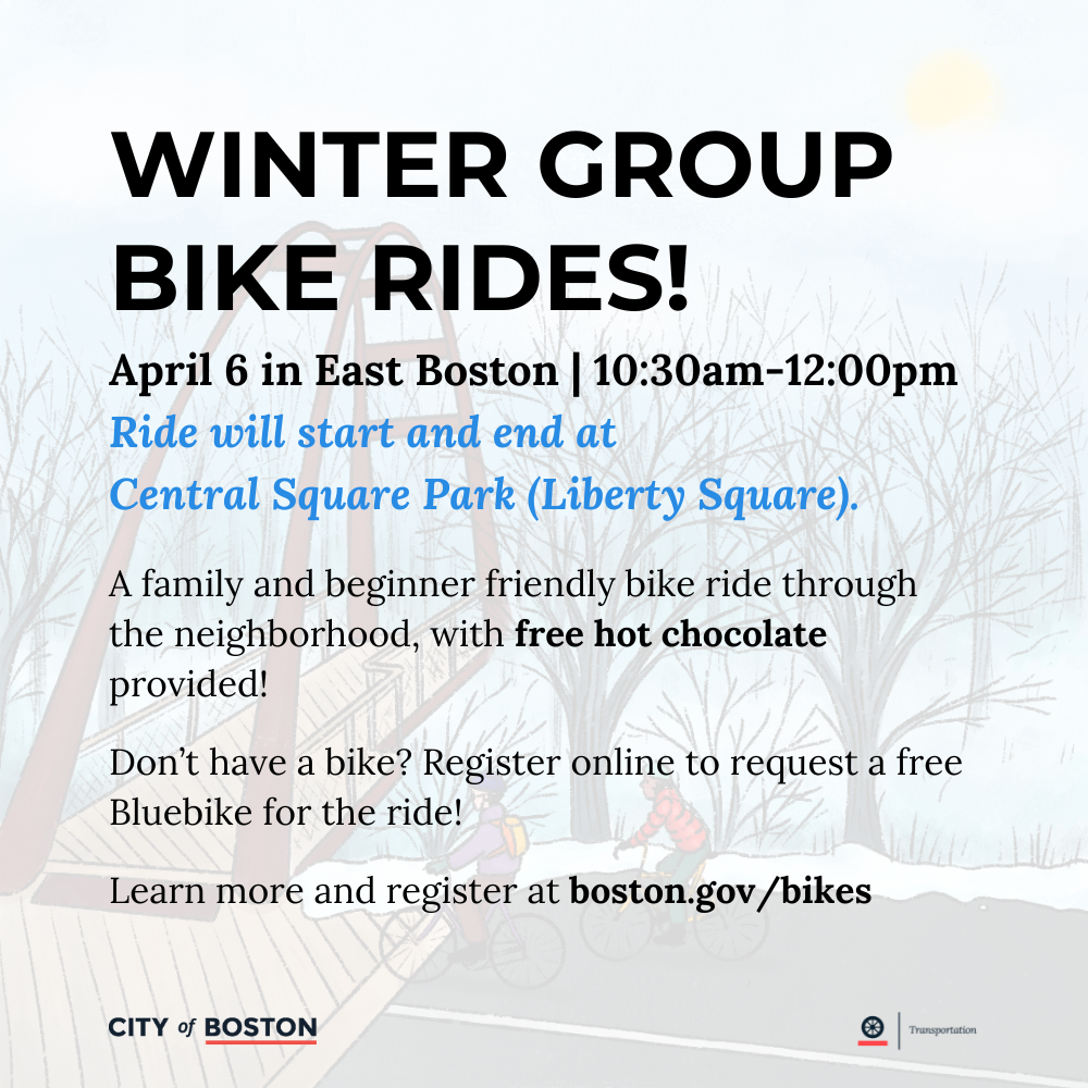 A family and beginner friendly bike ride through the neighborhood, with free hot chocolate provided! Don't have a bike? Register online to request a free Bluebike for the ride!