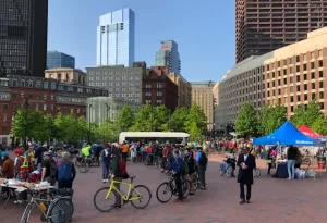 Hundreds of cyclists gathered on City Hall plaza in downtown Boston