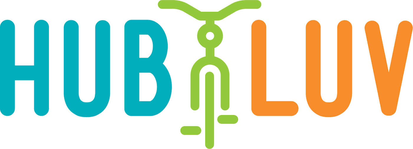 Logo for Hub Luv, showing a bicycle in between the two words.